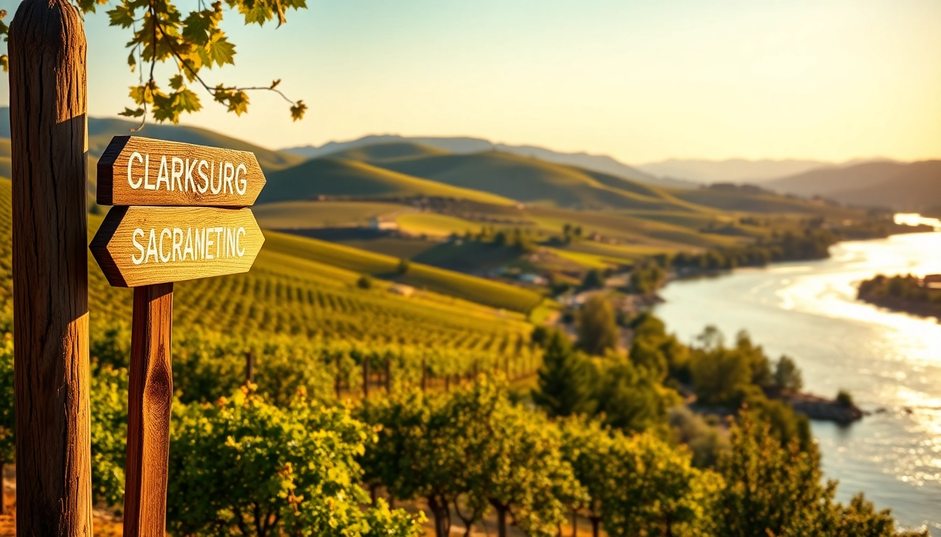 Experience the charm of Clarksburg California's vineyards and river under a golden sunset.