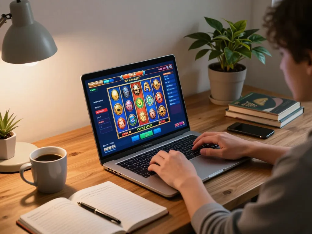 Gajah toto player enjoying relaxing slot game session on laptop with vibrant interface