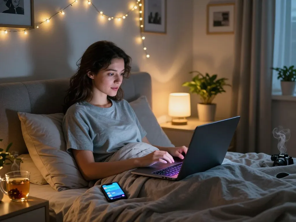 Young woman enjoying ai sex chat on laptop in cozy bedroom.