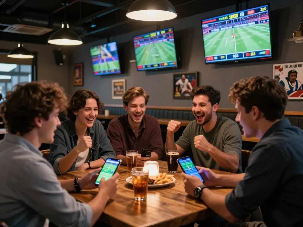 Exciting sports betting scene showcasing friends engaging with HB 88 app, live events on screens, social atmosphere.