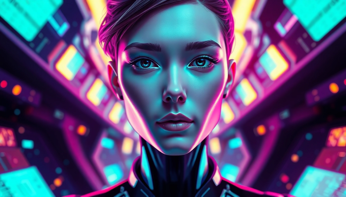 Vibrant AI character in a digital landscape emphasizing nsfw ai technology creatively.