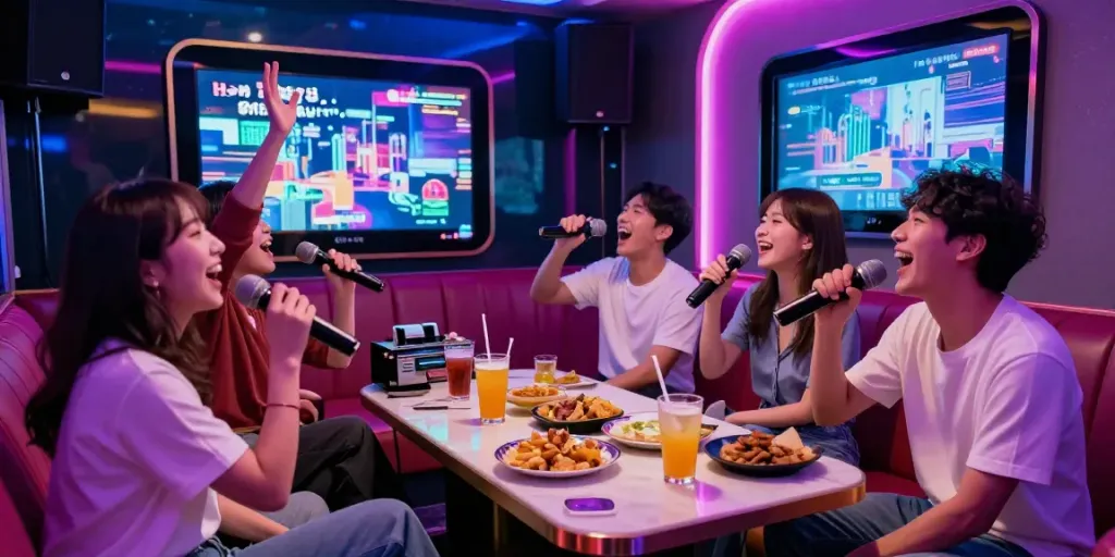 강남 달토에서 친구들과 함께 즐거운 노래방 파티를 하는 모습