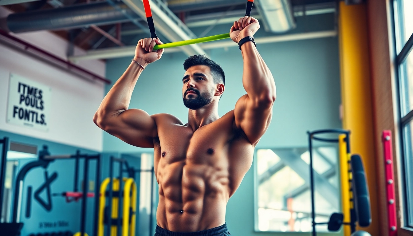 Fit individual performing a pull-up with a pull-up assist band in a modern gym setting.