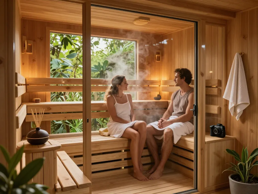 Experience sauna customization with a serene home sauna scene, featuring a couple relaxing in a beautifully designed space.