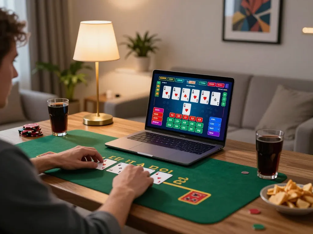 Engaging player using laptop for giường bệnh nhân-themed online blackjack gaming in comfortable setting.