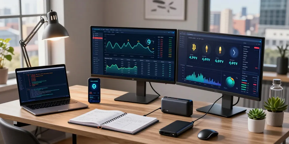 Cloud mining crypto trading setup featuring advanced charts, digital wallets, and DeFi interfaces in a modern office.