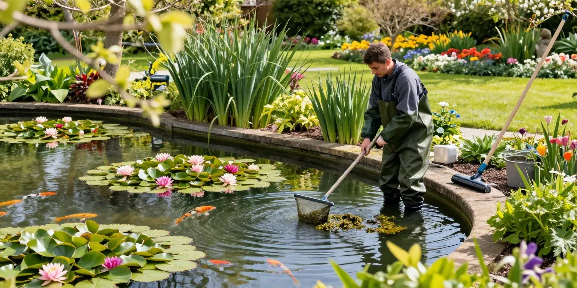 Pond Clean Surrey professional cleaning algae and debris from a garden pond.