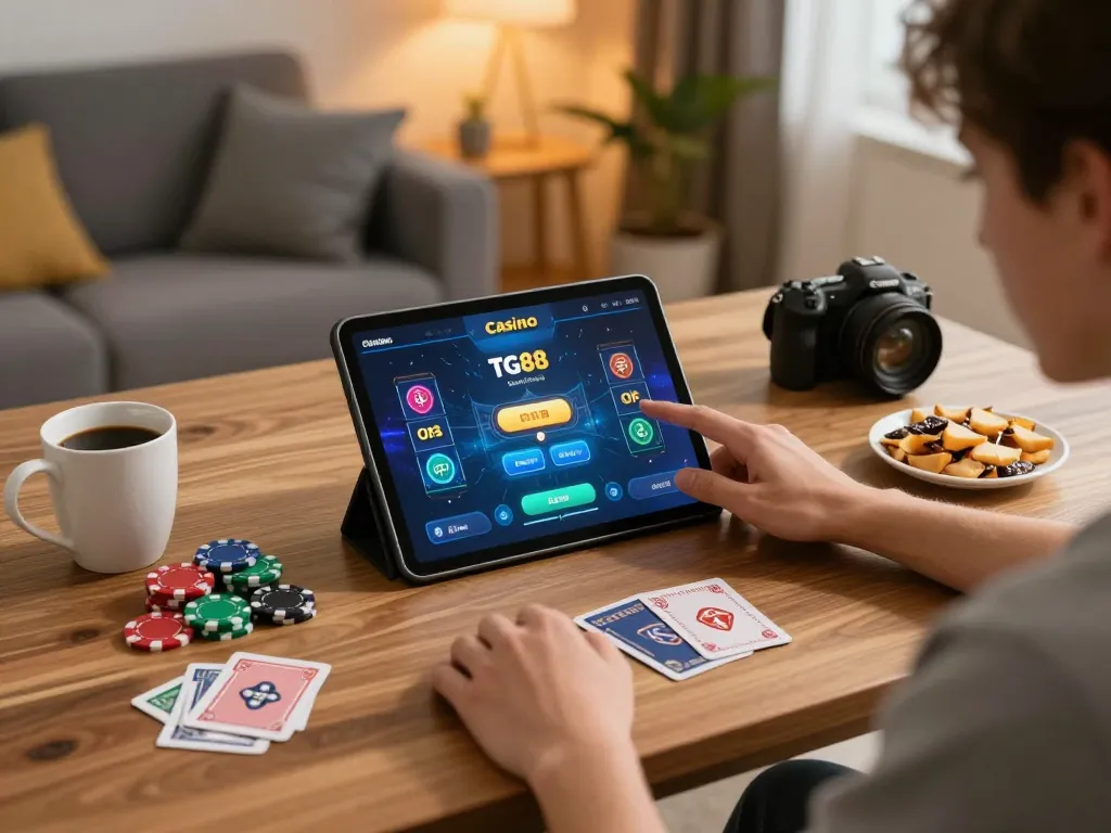 Player immersed in tg88 casino app on tablet during home gaming session with vibrant atmosphere