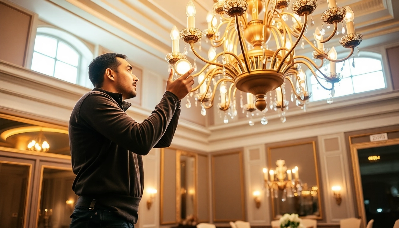 Performing lighting maintenance on an elegant chandelier for optimal illumination.
