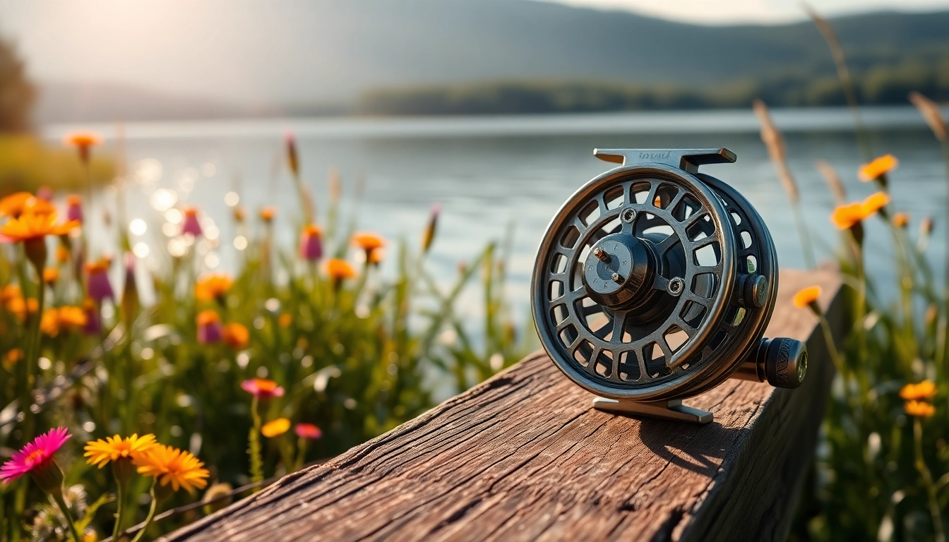 Showcasing the best fly fishing reels in a serene lakeside setting with vibrant nature.
