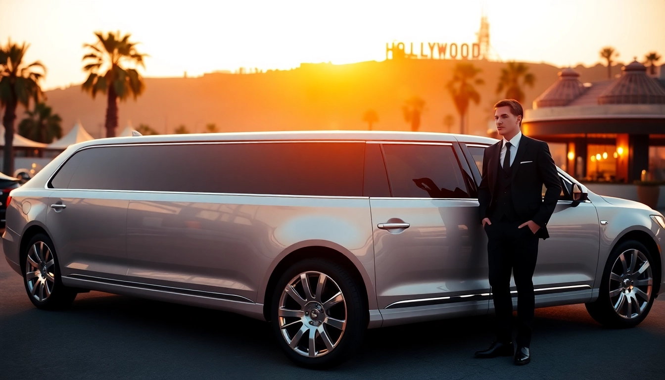 Luxury LA Limo parked near iconic Hollywood landmarks with professional chauffeur.