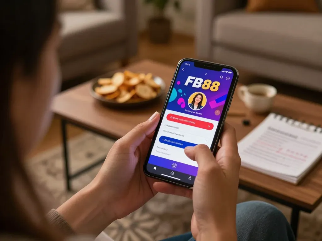 Engaging scene of Đăng Nhập FB88 through a smartphone, demonstrating user-friendly online gambling experience at home.