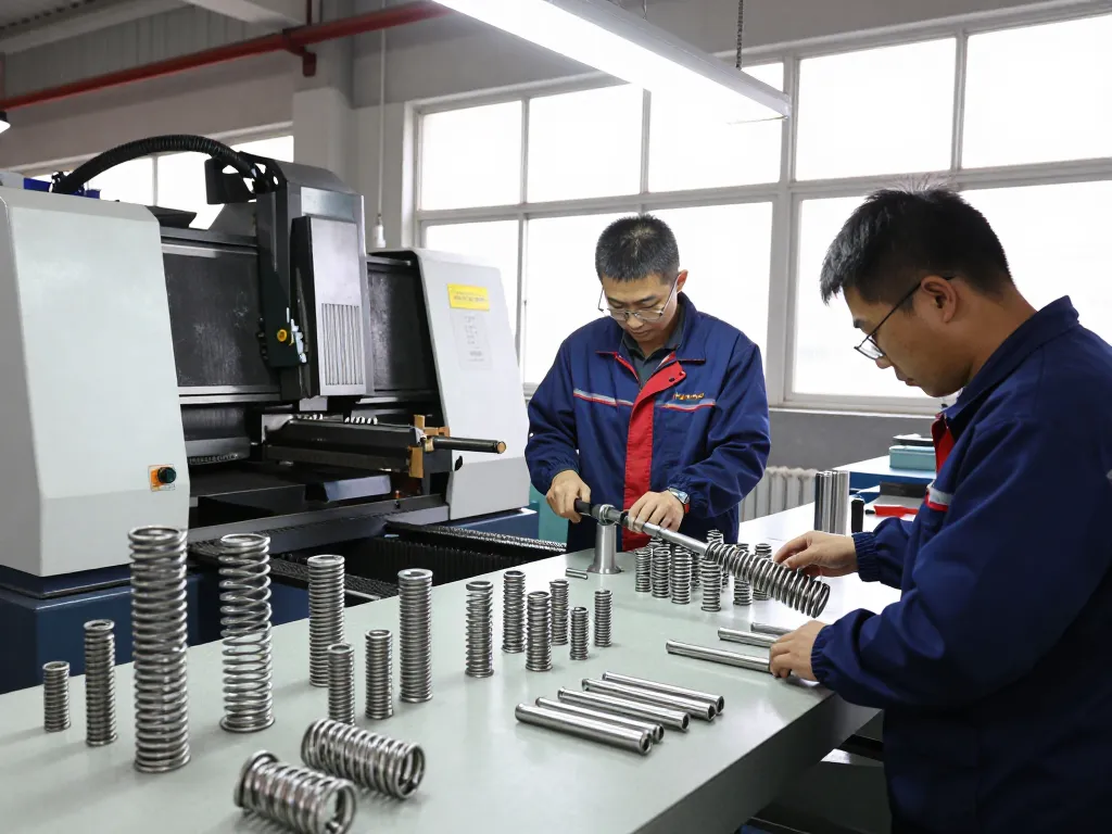 Tehnicieni lucrând la arcuri inox de precizie într-un atelier industrial luminos.
