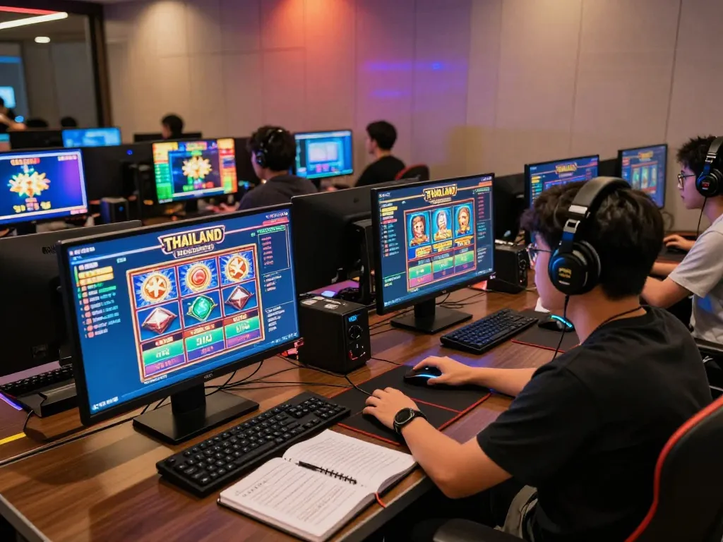 Player engaging in thailand slot gameplay on multiple screens, highlighting strategic betting decisions in a vibrant online casino setup.