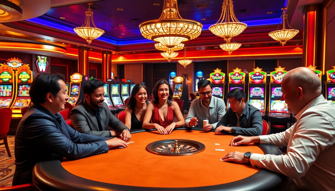 Players enjoy a thrilling poker game experience at 8k8, showcasing excitement and luxury in a vibrant casino setting.