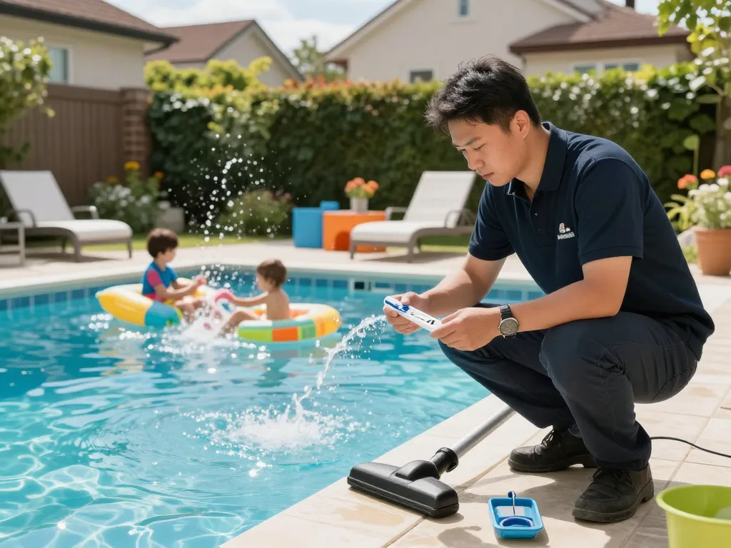Dolphin Pool Services technician checking water chemistry in a sunny backyard pool setting