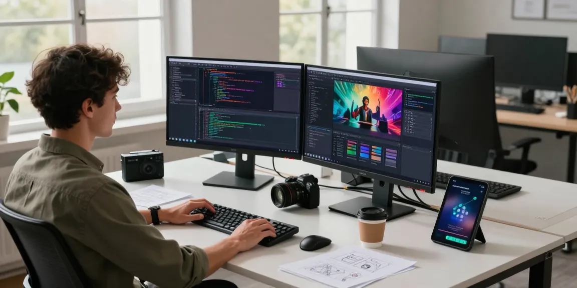 Efficient workspace highlighting dynamic 截图工具下载 software usage on dual monitors with coding tasks.