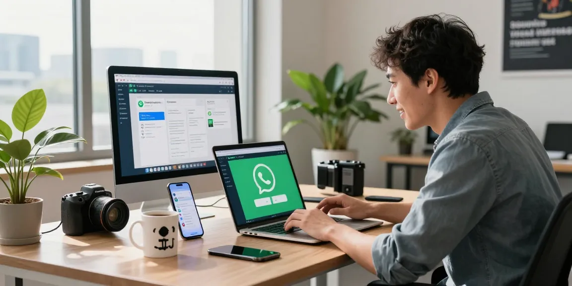 User excitedly downloading WhatsApp下載 in a bright tech workspace with modern gadgets.