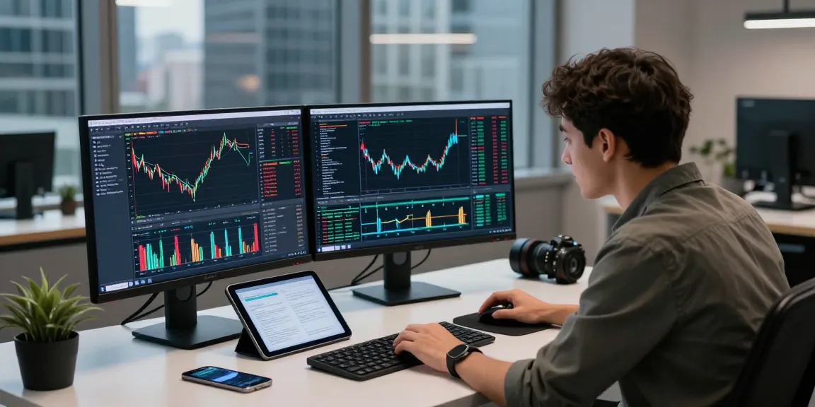 Dynamic forex trading environment with a developer analyzing gold backtesting market data on dual monitors amidst a sleek workspace.