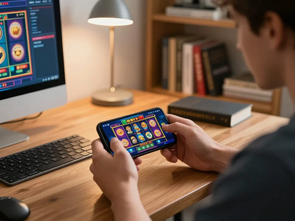 Mobile casino gaming in a cozy home setting, showcasing strategy and excitement at the Trang chủ of online gaming.