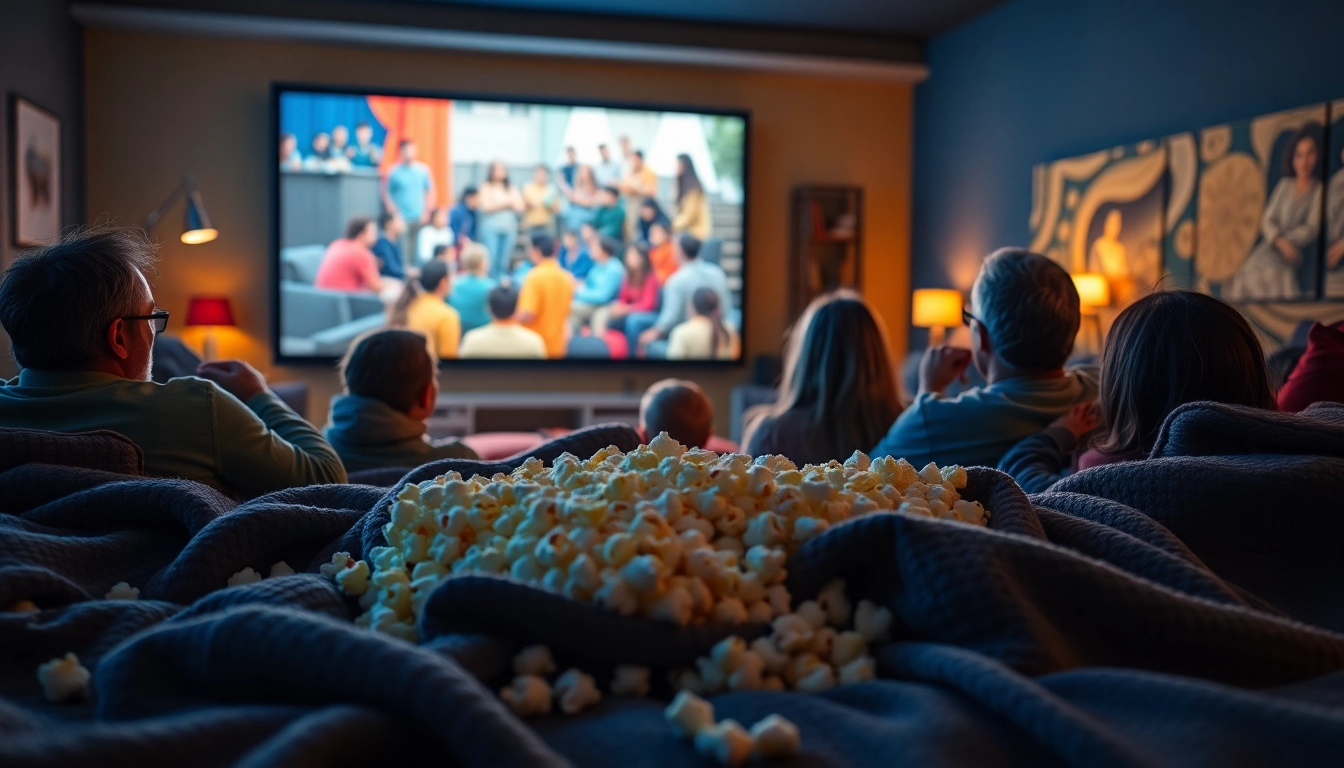 Enjoying ดูหนังออนไลน์ together as a family in a cozy home theater setting.