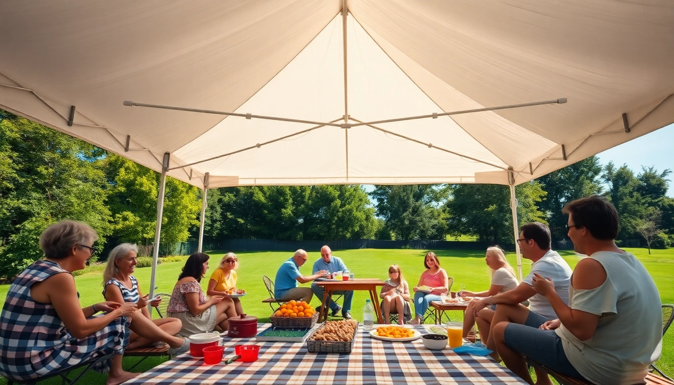 People enjoying shade under an open pop up canopy at an outdoor gathering.