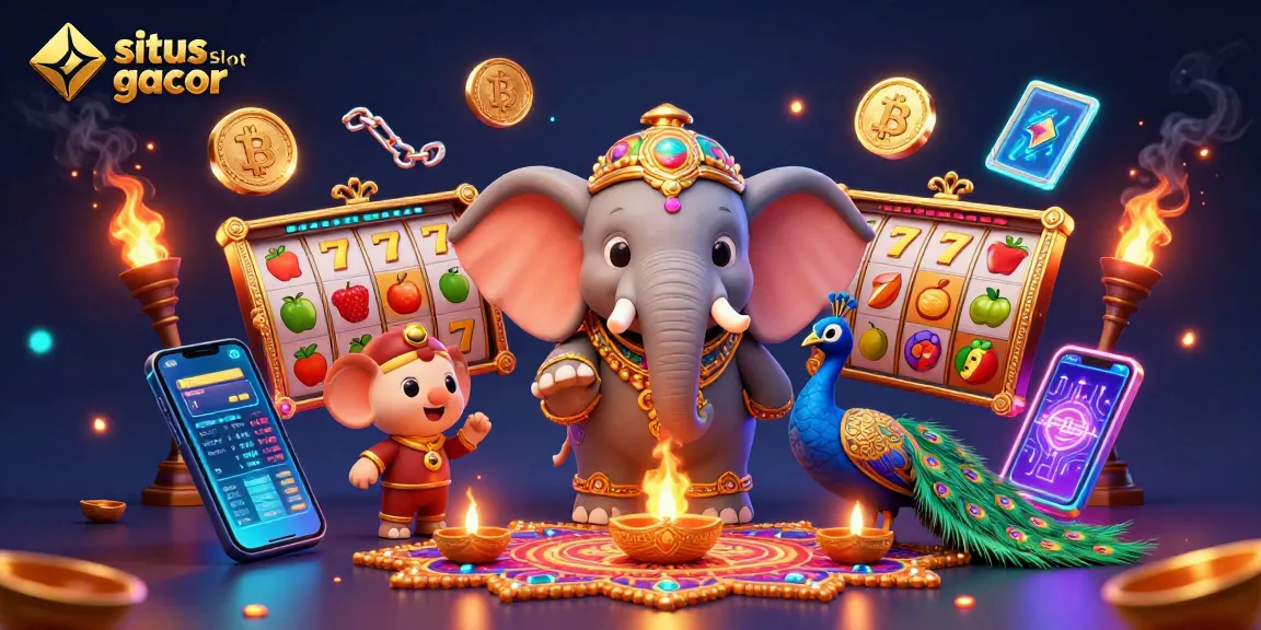 Experience winning at situs slot gacor with vibrant jackpot reels and festive characters in this dynamic digital illustration.