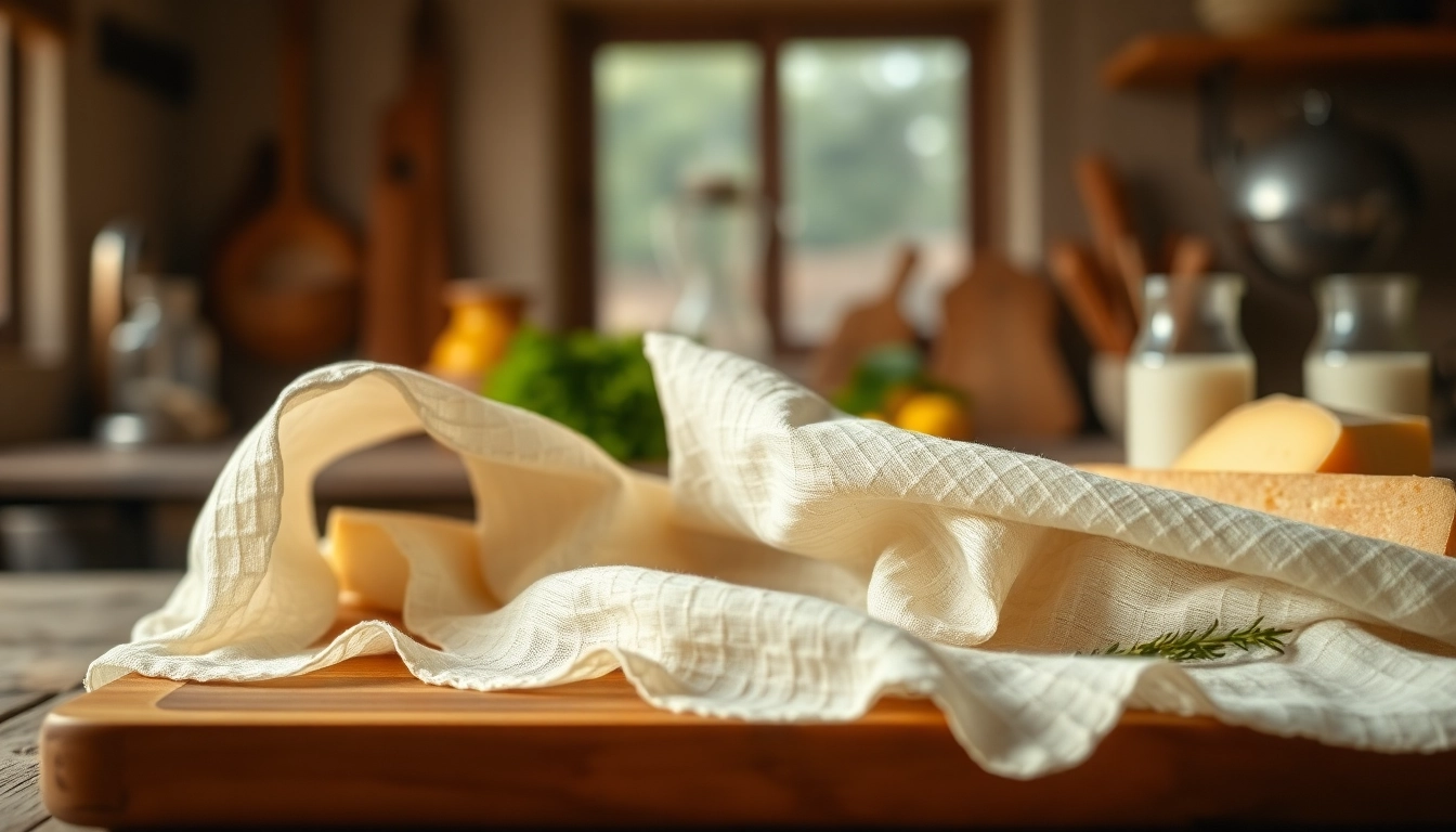 Kaasdoek delicately displayed on a wooden board in a rustic kitchen, highlighting its texture and use.
