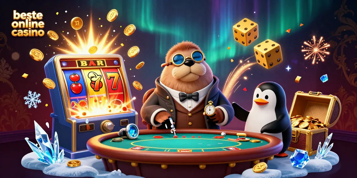 Play poker at the beste online casino with a whimsical walrus and penguin dealer in this vibrant illustration.