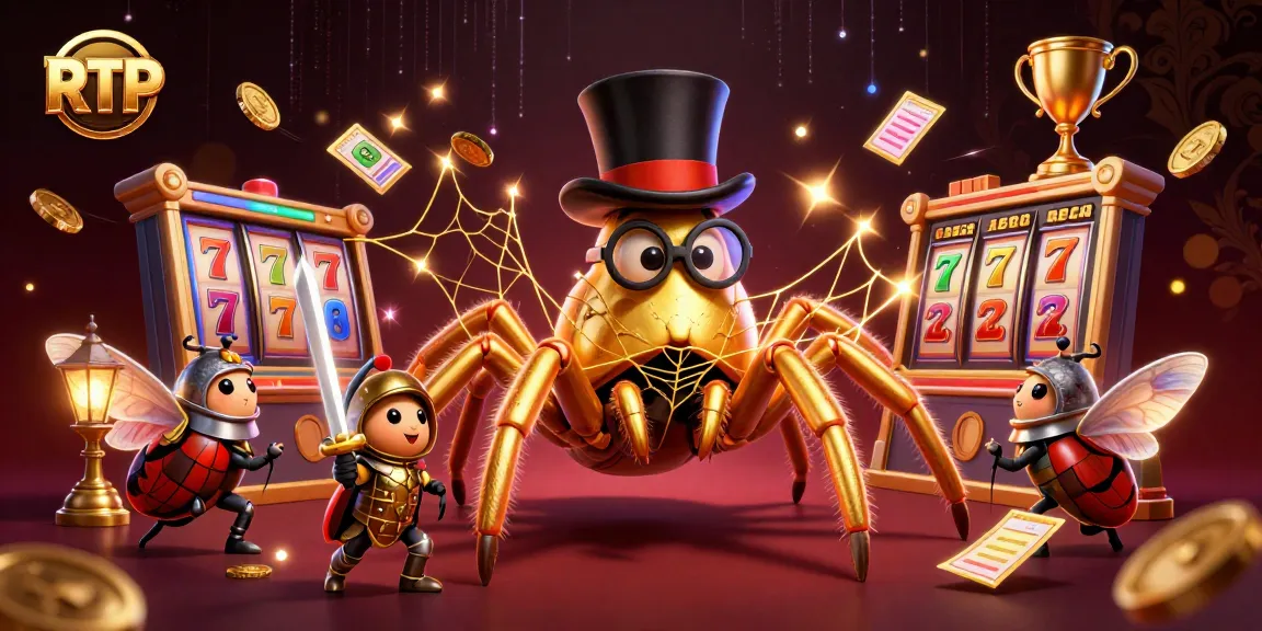 Engaging RTP scene illustration showcasing a golden tarantula with casino elements, signaling thrilling gaming action.