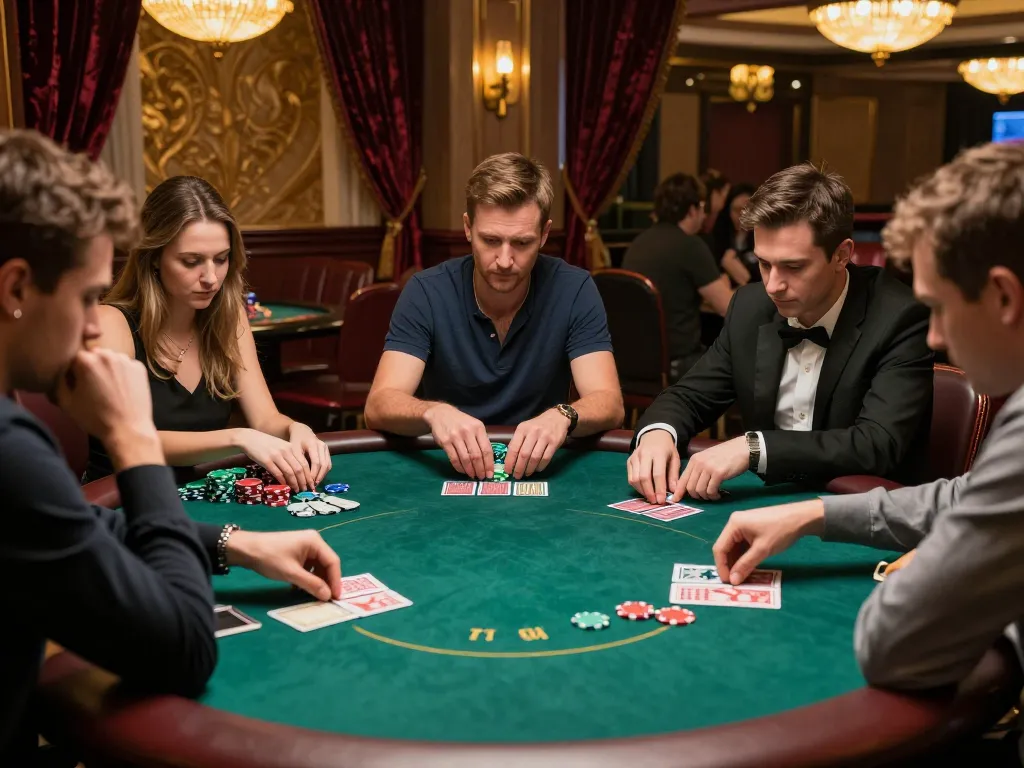 Players strategize and enjoy poker at Manclub's luxurious casino table under warm lighting
