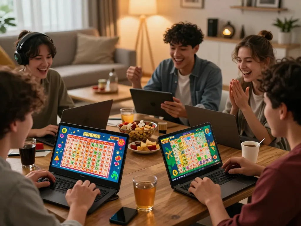 Participants enjoying an engaging Situs Togel lottery game experience in a cozy living room setting with digital devices.