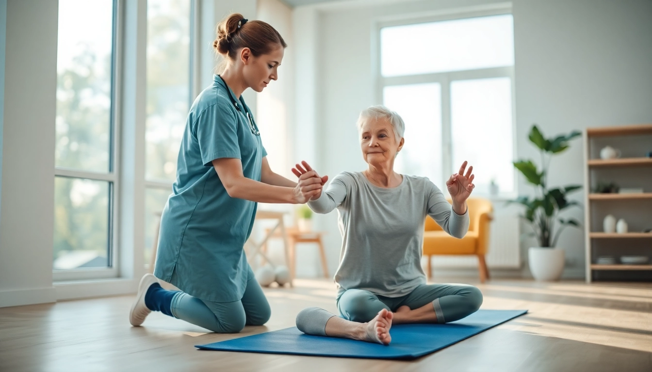 Engaging senior physiotherapy session in Edmonton with supportive physiotherapist.