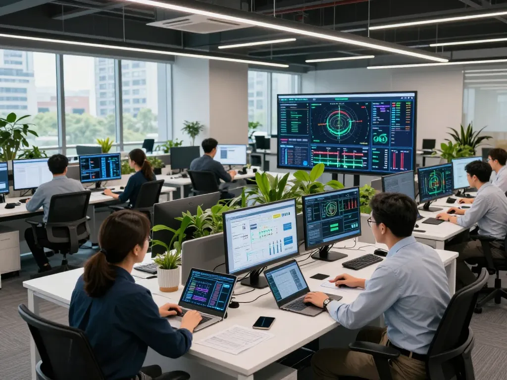 Engineers collaborating at Schneider Electric's high-tech workspace, showcasing energy management technology.