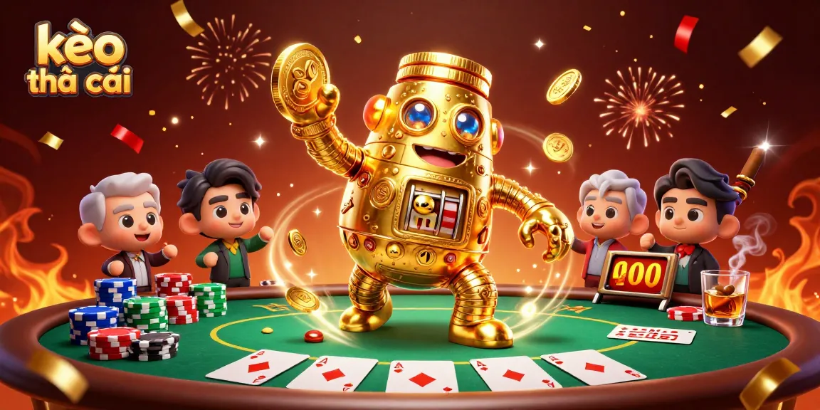 Engage in kèo nhà cái excitement with a golden golem and vibrant casino elements.