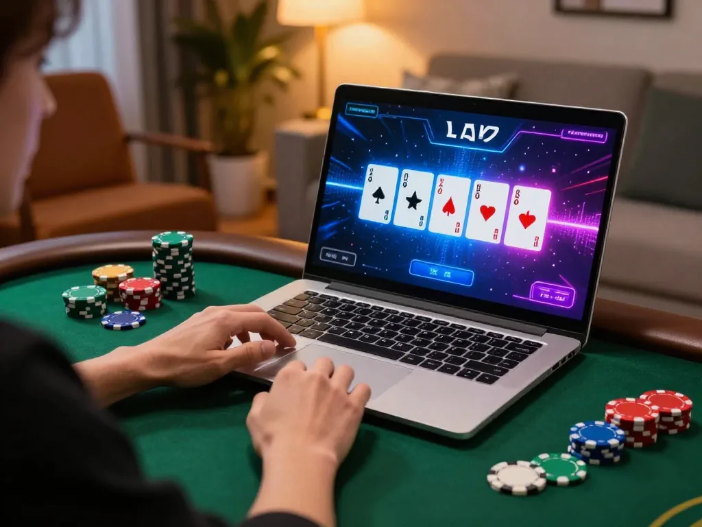 Engage with the fly88 link for high-stakes poker at home, showcasing a sleek gaming setup