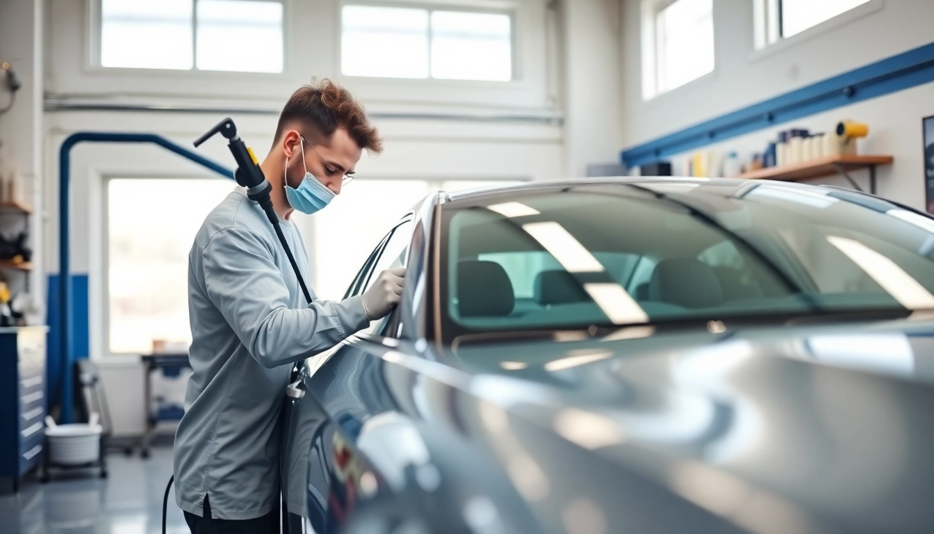 Expert application of ceramic coating Chattanooga on a car in a modern detailing workshop.