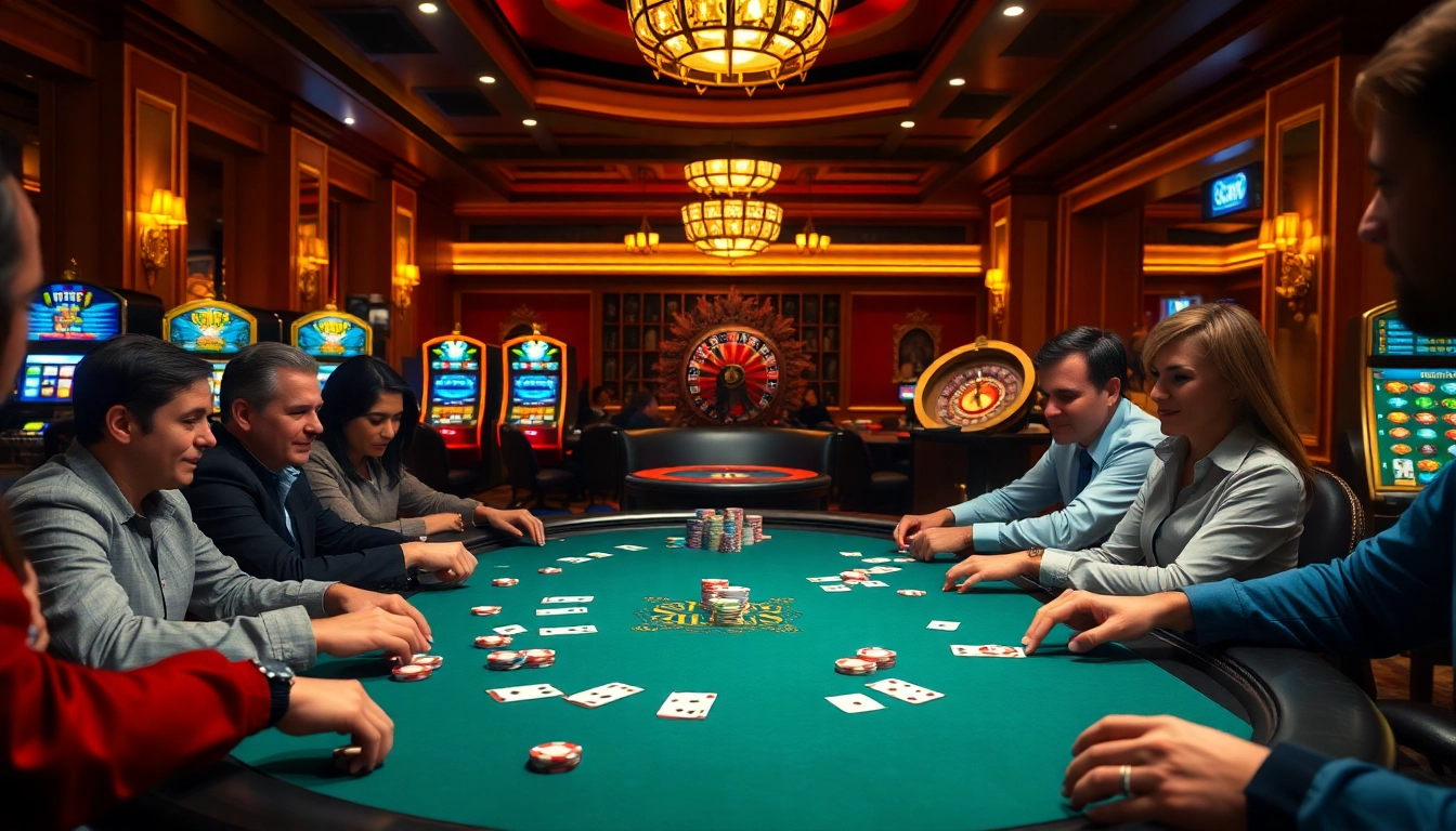 Pemain terlibat dalam permainan poker yang mendebarkan di meja kasino mewah dengan chip yang berwarna-warni.