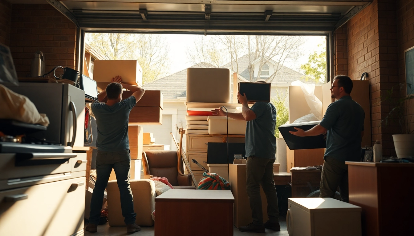 Efficient junk removal services team clearing a cluttered garage.