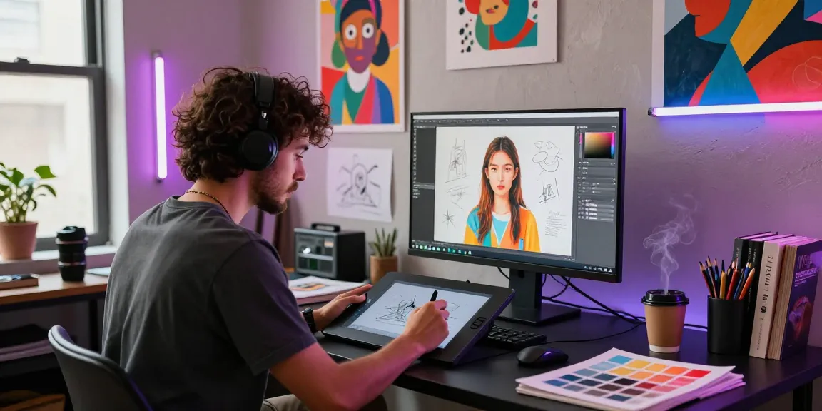 Artist using an AI NSFW generator in a vibrant art studio.