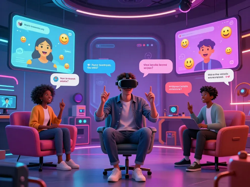 Engaging spicy chat conversation in a futuristic setting featuring diverse avatars in a vibrant digital chat room.