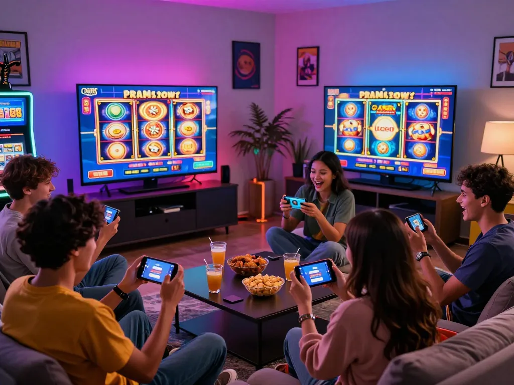 Friends enjoying online gaming with mantra88 login on a vibrant screen in a lively living room.