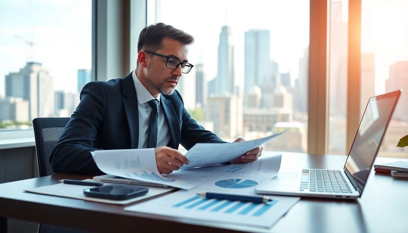 Analyzing documents in a real estate finance context featuring urban skyline views.