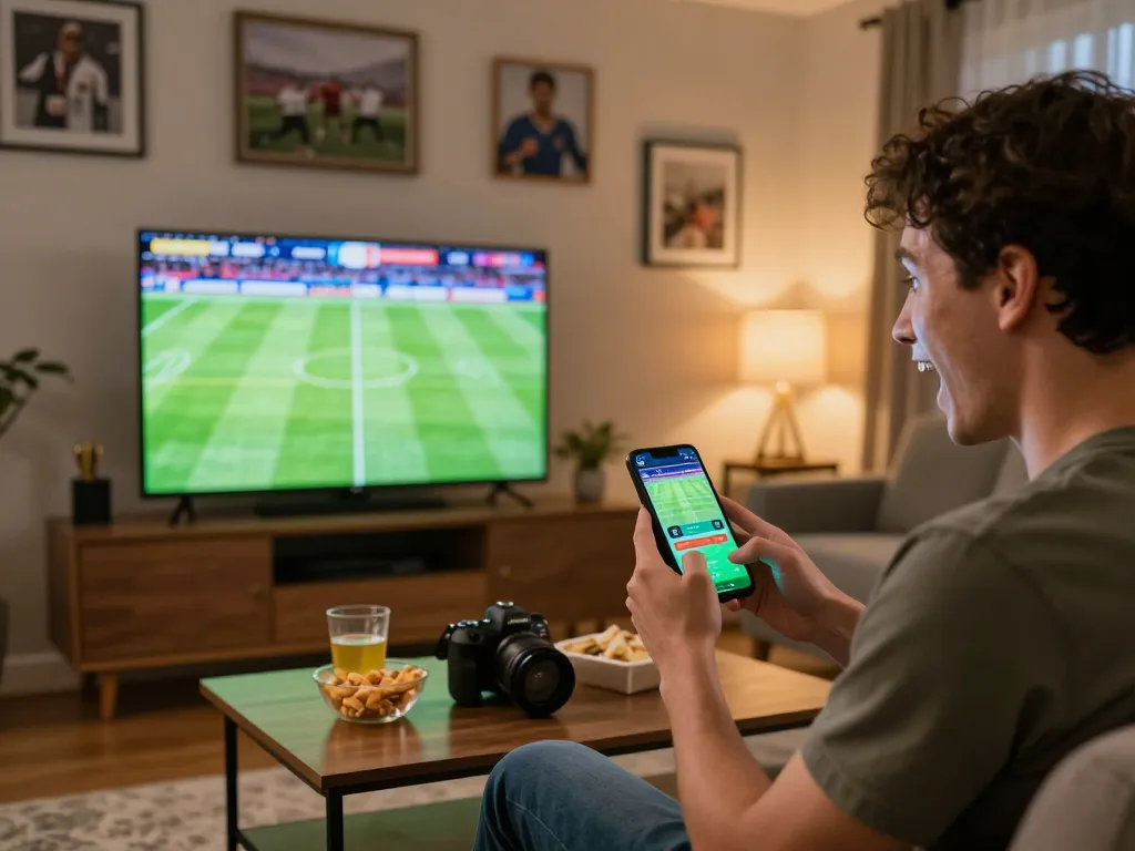 Xoilactv user engaged in thrilling sports betting on smartphone during live football match.