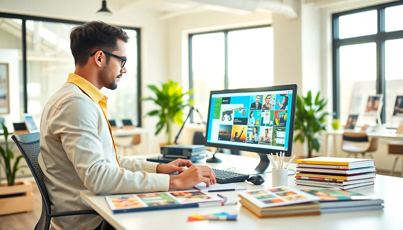 Designer creating materials for budget printing in a bright and modern studio.