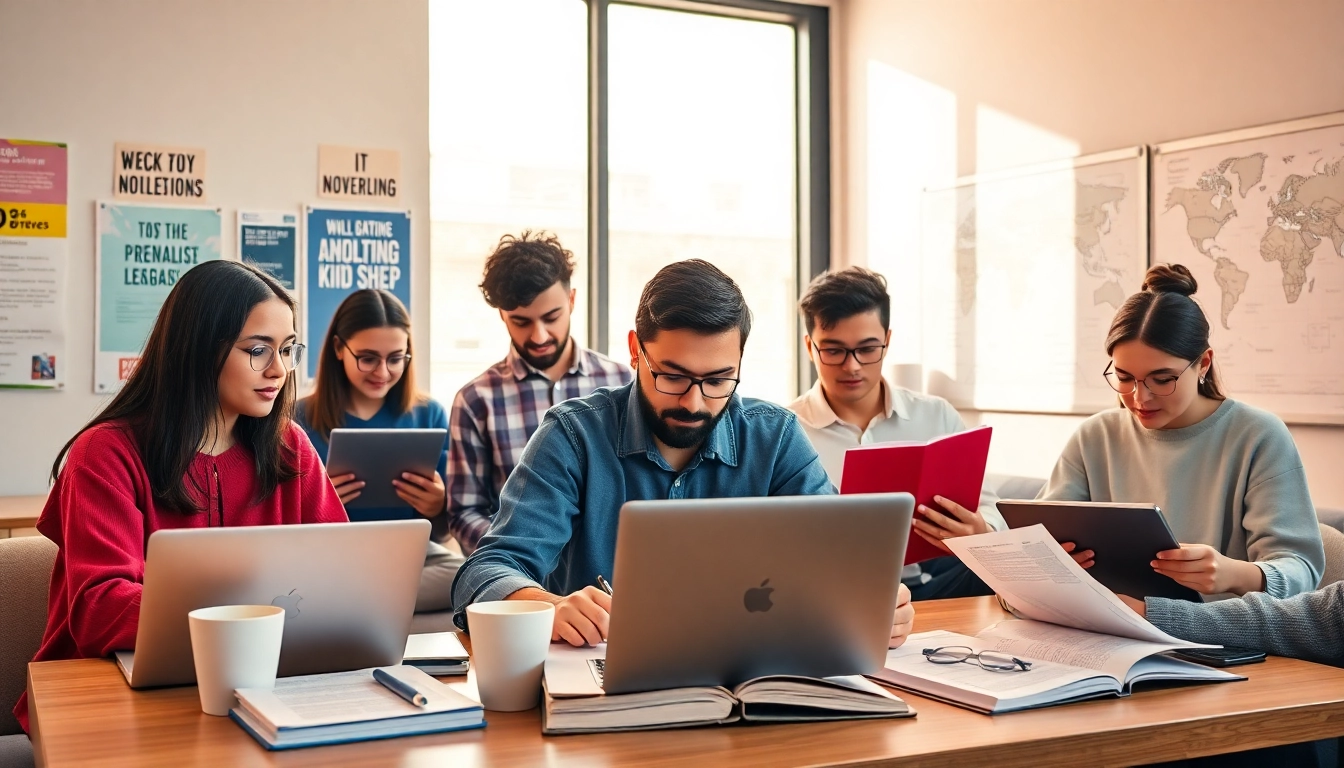 Group studying to pass IT certification exams in a bright and modern learning environment.