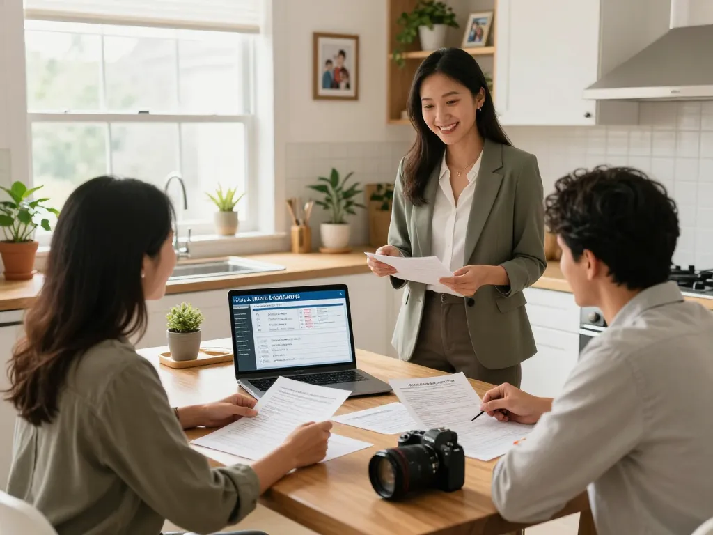 We buy houses for cash offer discussion at home with real estate agent