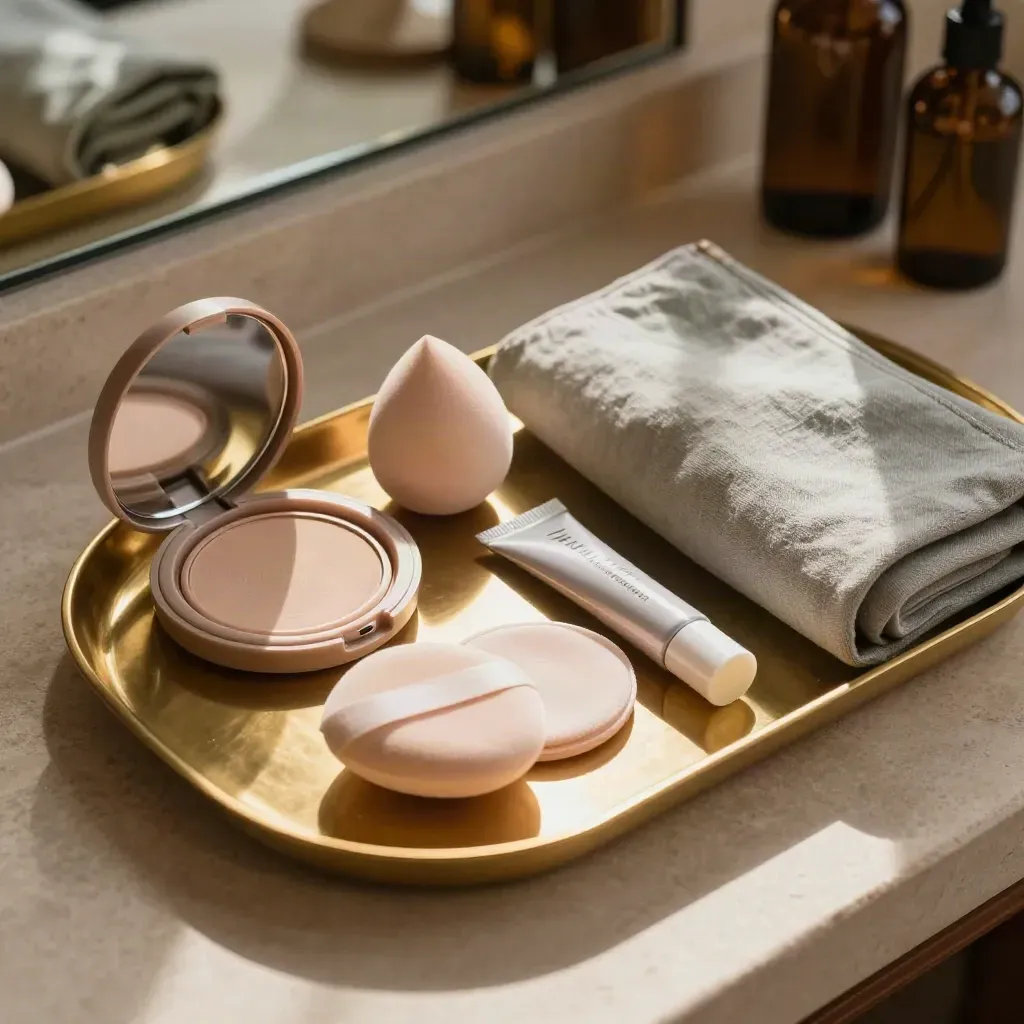 Makeup base kit on a brass hotel vanity tray in sunrise light, with compact, sponge, brow gel and lip balm.