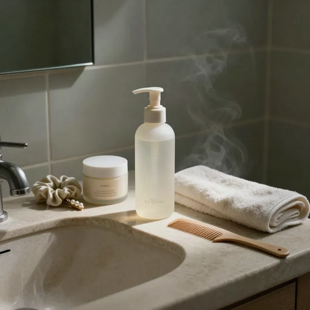 Pre-dawn bathroom vanity with serum, cream, grooming tools and steam in cinematic light.