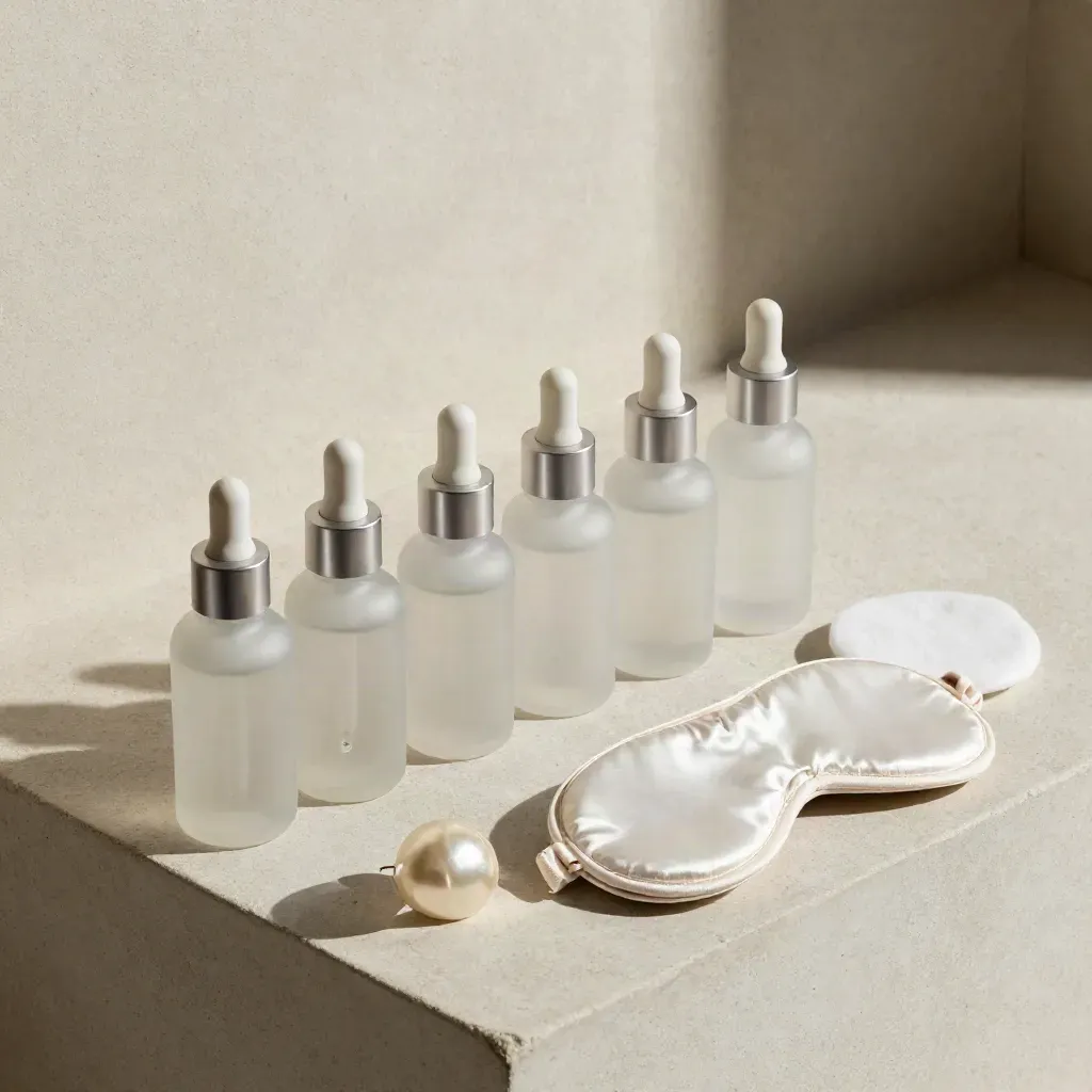 Travel-size skincare bottles, serum dropper, open cap and sleep mask on a pale plaster bench.